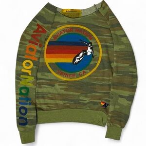 Aviator Nation Camo Rainbow Crewneck Sweatshirt XS Oversized Coastal Preppy Chic